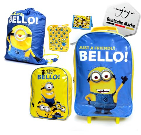 5-teiliges Minions Kinder Koffer-set, Hochwertiges Reisegepäck und Taschen, Minion-Motiv, Trolley, Schulranzen, Turnbeutel, Umhängetasche, Portemonnaie, Geldbörse für Sport, Urlaub und Schulausflüge