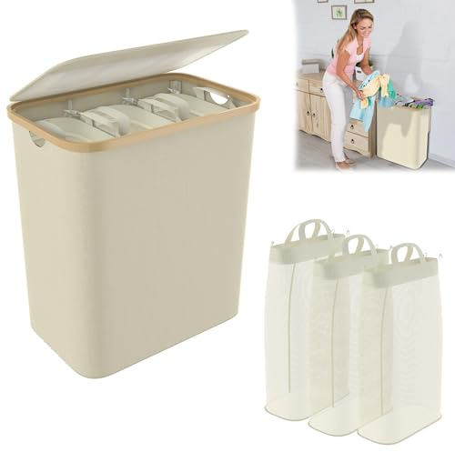YRHome Wäschekorb mit Deckel 140L 3 Fächer Wäschesack Wäscheboxen Wäschetonne Wäschesortierer Wäschetruhe Waschekorbsammler mit Griffen Laundry Baskets Wäscheschrank für Schlafzimmer - Beige
