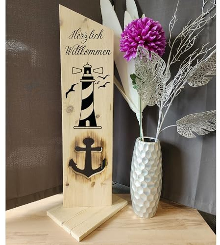 Holzaufsteller, Holz Deko Schild Holzschild Eingangsschild mit Ankerausschnitt Leuchtturm, Geschenk, Weihnachten, Geburtstag