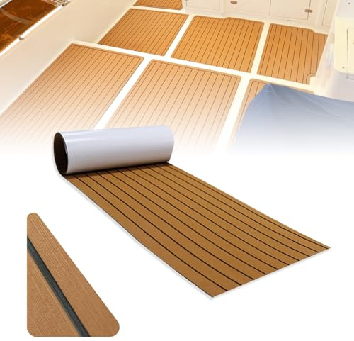 CXHSEAN Teca Sintetica Barco EVA Suelo Barco 240x45/60cm Antideslizante Teca Barco Alfombrilla Espuma Autoadhesiva suelo para Barcos Marina Yate Kayak RV Decoración (240x60cm-Marrón claro sobre negro)