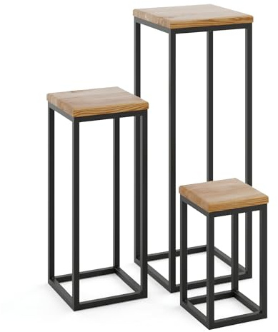 LAMO Manufaktur Pflanzenständer Set - 3 Stücke 30/50/70 cm | Blumenständer Metall Schwarz | Blumenhocker Holz mit Rustikal Farbe | 100% Echtholz | Sockel für Zimmerpflanzen