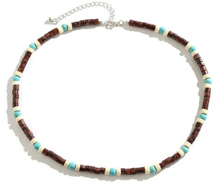 Aotiwe Collier for Men, Necklace Men Punk Türkis Und Holzperlen Weiß Braun Halskette Männer für Anhänger Metalllegierung 52cm