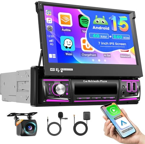 [4+64GB] Hikity Android 1 Din Autoradio mit Navi Wireless Carplay Android Anto, 7 Zoll Bildschirm Ausfahrbarem Touchscreen Auto Radio mit WiFi Bluetooth FM SWC Rückfahrkamera