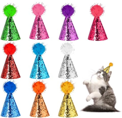 Yunova 10 Stück Mini Party Hüte für Spielzeug Tiere Haustiere Glitzer Geburtstag Caps mit Pom Poms Wiederverwendbare Leder Partyhüte für Katzen Hunde Kaninchen Plüschtiere Leicht