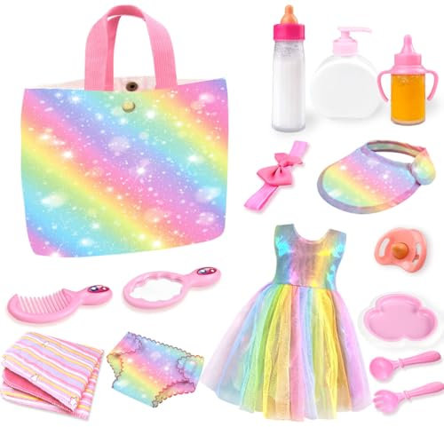 ZEIZHUBN 15 Pack Puppenzubehör für Baby Puppe Zubehör Set mit Puppen Wickeltasche, Flaschen und Schnuller, Baby Puppenkleidung für Mädchen, Fütterungsset Geschenke für Kinder Spielzeug