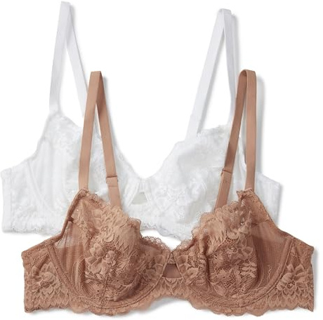 Amazon Essentials Reggiseno a Balconcino in Pizzo Elasticizzato Donna, Confezione da 2, Bianco/Bronzo Lavato, 1E