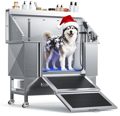 CAMMOO 61 Dog Washing Station - 304 Stainless Steel, 27.4 Wide Ramp, Water-Storing Dog Bathing Station w/Swivel Wheels, Pet Proof Faucet, 2 Drawers, Dog Bathtub for Large & Medium & Small Dogs