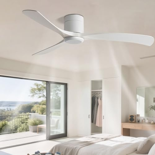 IBalody Flush Mount Ceiling Fan No Light Modern Quiet 46in Ceiling Fans with Remote Control, Low Profile White Ceiling Fan Without Light 3 Blades for Bedroom Living Room Restaurant Patio Indoor