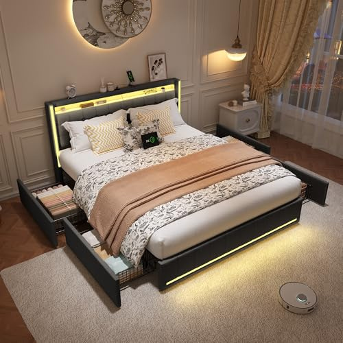 QMTXBYJ Doppelbett 140x200cm,Doppelbettrahmen mit 4 Schubladen,LED-Beleuchtung und USB Ladefunktion,Bett 140x200 mit Schubladen,Schubladenbett mit Stauraum für Jugendliche,Leinenstoff