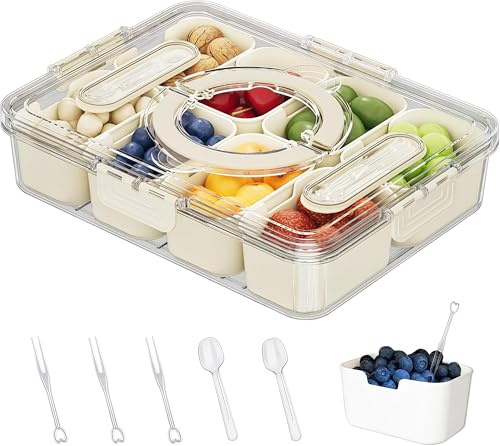 Kezidhp Caja Aperitivos con 8 Compartimentos y Tenedores, Bandeja Snack con Tapa y Asa, Organizador para Caramelos, Frutas, Galletas, Verduras, Frutos Secos – Ideal para Cocina (Viene con un tenedor)