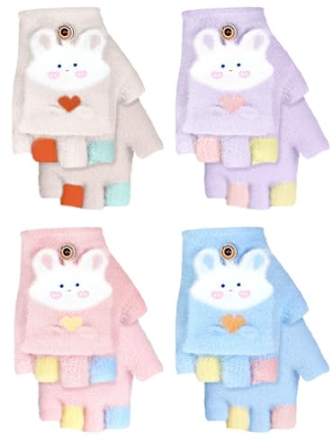 Fourluoo 4 Pairs Kids Fingerless Gloves Winter Mittens Convertible Flip Gloves Half Finger for Toddler Girls Boys 3-8 Years(Macaron Colors,Rabbit)