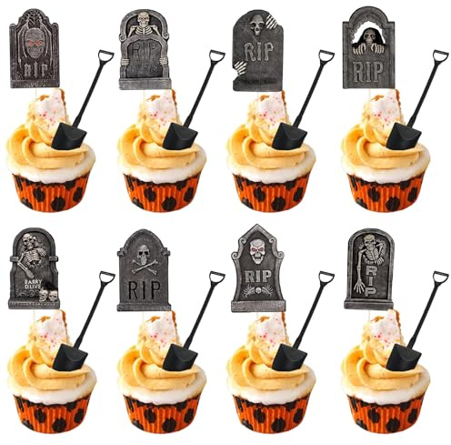 Grabstein Kuchen Topper, 48 Stück Halloween Cupcake Topper, Grabstein Cake Toppers, Mini-Schaufellöffel, Kuchendekoration, für Halloween Party Deko