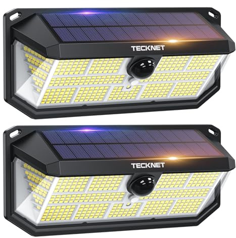 TECKNET 495 LED Solarlichter für Außen mit Bewegungsmelder, 2 Stück | 300° Superhelle LED Solarlampen für außen mit bewegungsmelder, IP66 wasserdichte, für Outdoor, Garten, Wand Beleuchtung