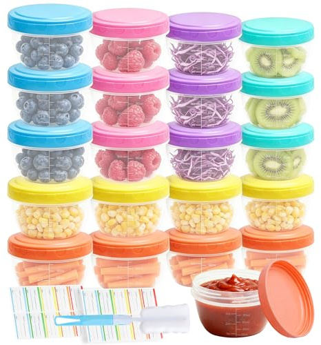 Mispudin 20er Gefrierdosen Klein 120ml mit Messskala, Mini Dosen mit Deckel | Auslaufsichere Kleine Dosen mit Deckel Plastik, Wiederverwendbar, mit Aufklebern, Bürste, für Snacks, Saucen, Dressing