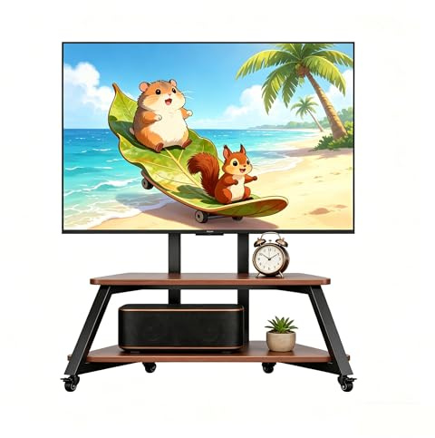 Rhovire Rollender TV-Ständer für 50 bis 85 Zoll TVs, höhenverstellbarer TV-Bodenständer mit Ablageplatte, Feststellrädern, trägt bis zu 110 Pfund, max. VESA: 600 x 450 mm