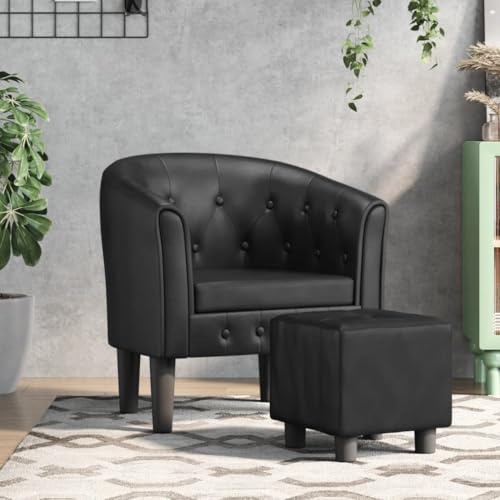 WEMYUFURN Moderner Clubsessel mit Fußhocker Schwarz Kunstleder PU-Leder Sessel mit Knopfheftung für Wohnzimmer Büro Elegantes Design Bequeme Polsterung Stabiles Holzgestell