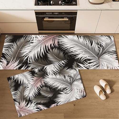 Juego De 2 Alfombrillas Exótico, Lavable Antideslizante, Absorbentes Alfombras Pasillo Hojas De Palma Blancas para Salón, Lavadero, 60x90cm+60x180 cm, Rosa