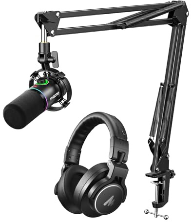 MAONO PD200XS XLR/USB Dynamisches Mikrofon mit MH700 Studio Kopfhörer Set,RGB Podcast Mikrofon mit Arm, Software, Stummschalttaste, Gain-Regler, für PC Gaming, Streaming, Aufnahme, Schwarz