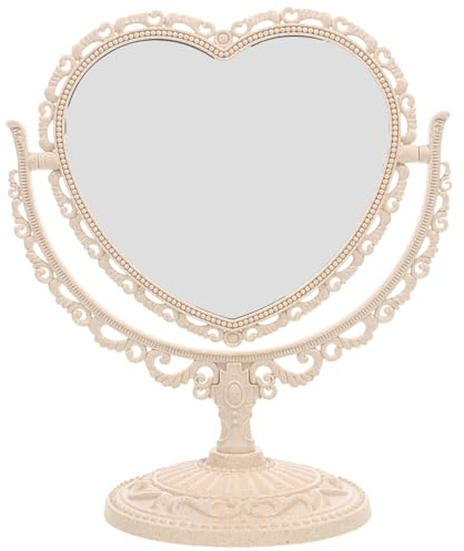 FRCOLOR Doppelseitiger Kosmetikspiegel Herzförmig Mit 2-Fach Vergrößerung Und 360° Drehung Beige Für Make-up Und Rasur Zuhause