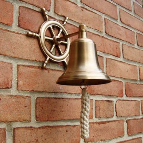 Purpledip Brass Nautical Bell with Captain's Wheel Hook: Unique Pirate Ship Marine Decor Gift (11402)