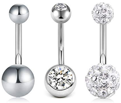VFUN 3 Stück 14G 10mm klar Kristal CZ Chirurgenstahl Kurz Bauchnabelpiercing Bananabell Piercing Bauchnabel Ringe Piercing Damen Herren - Silber