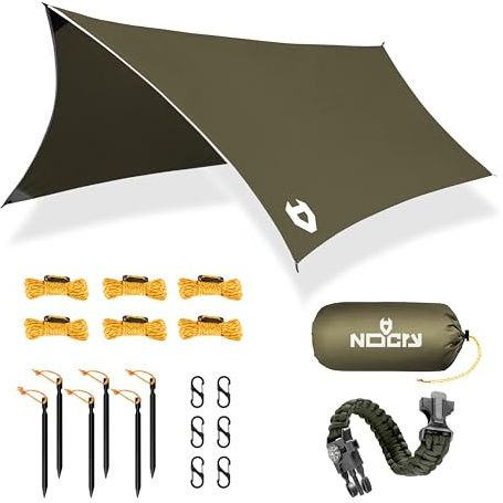 Rain Fly 12x10 Lightweight Survival Camping Tarp; 100% Waterproof; Makes a Great Backpacking Tarp or Hammock Shelter; Comes in Multiple Colors, Survival Bracelet Included; OD-Green
