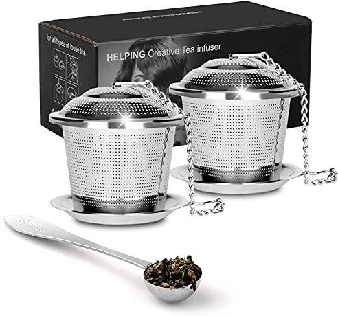 Numola Tea Infuser for Loose Tea, Loose Leaf Tea Infusers Set, Fine Mesh Tea Steeper with Spoon and Drip Trays, Tea Diffusers with Extented Chain Hook for Tea Lovers
