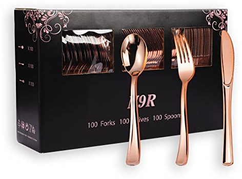 N9R 300PCS Rose Gold Plastic Silverware, Heavy Duty Plastic Cutlery Set, Disposable Rose Gold Utensils Include 100 Forks, 100 Spoons, 100 Knives, Perfect for Party Decorations