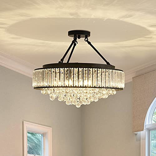 YYJLX 6-Light Modern Large Crystal Chandelier Black Metal E26 Semi Flush Mount Round Light Fixture Ceiling Lamp Farmhouse for Dining Living Room Laundry Foyer Kitchen Balcony Bedroom