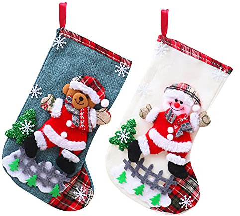 Mousyee Calcetín de Navidad, 2 Piezas Botas Navidad Medias Navideñas Colgantes para Decoración de Árboles Bolsa de Regalo con Calcetín Navideño Bolsa de Dulces (Muñeco de Nieve y Oso)