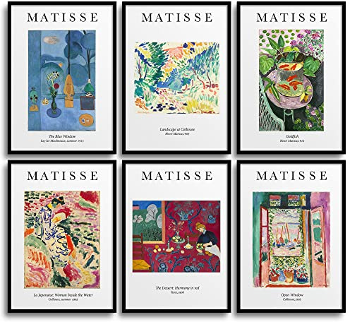 MONOKO® Matisse - Set di immagini astratte, poster vintage, astratte, stampe artistiche da parete, per soggiorno, 6 x A4, senza cornice