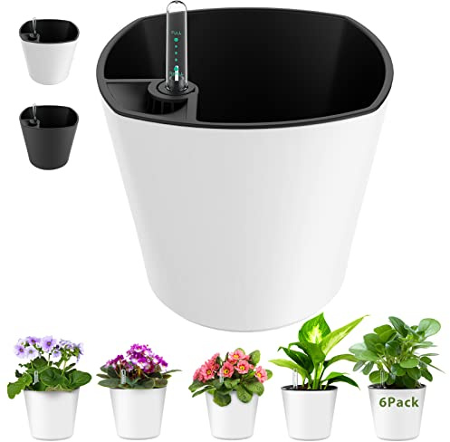 Lot de 6 pots de fleurs ronds à auto-arrosage pour plantes d'intérieur avec indicateur de niveau d'eau - Blanc - 17,8 cm - Violet africain à arrosage automatique - Pour toutes les orchidées, aloès,