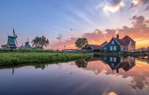 LHJOYSP Puzzle 1000 Teile Weltkarte,natürliche Schönheit,Niederlande,Zaanse Schans Windmühlen,75x50cm