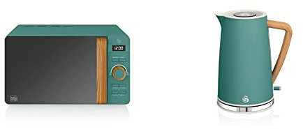 Swan 20L Nordic Digital LED Microwave, 6 Power Levels, Green, SM22036LGREN & Nordic Jug Kettle, 1.7 Litre, Pine Green, Rapid Boil, Wood Effect Handle, Scandi Design, 3kw, SK14610GREN