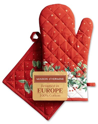 Maison d' Hermine Noel Ensemble de Gants de Four (19cm x 33cm) et maniques (20cm x 20cm) pour Barbecue, Cuisson, Four, Micro-Ondes, grillades, Thanksgiving, Noël
