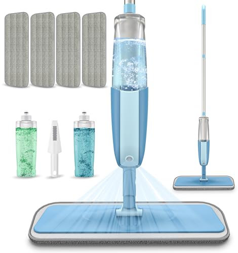 Microfibre Spray Mops for Floor Cleaning - MEXERRIS Floor Mop With Spray 4 Washable Pads and 2 Refillable Bottles - Wet Dust Mop Household Commercial Use for Laminate Wood Vinyl Ceramic Hardwood