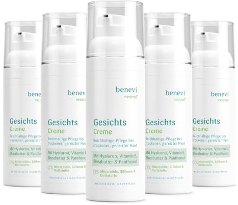 benevi Gesichts-Creme 5 x 50ml reichhaltige Pflege für empfindliche und irritierte Haut - zur Pflege der trockenen und zu Neurodermitis neigenden Haut - Hyaluron Panthenol Sheabutter pH-hautneutral
