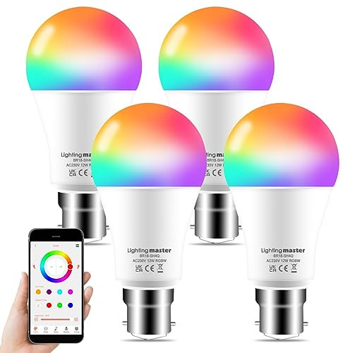 Lighting master Alexa Light Bulbs 12W 1280LM, Bluetooth Smart Bulb Colour Changing, 16 Million RGB Colours + Warm to Daylight White Dimmable, B22 Bayonet Led Bulbs by APP and Voice Control (4 Pack)