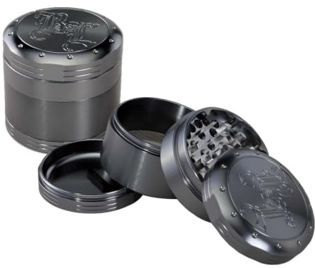 Black Leaf Deep Engraving Grinder 4-tlg. | grau | ⌀ 62/58mm | aus Aluminium | Diamantschliff Zähne | Magnetverschluss | Kräutermühle Crusher