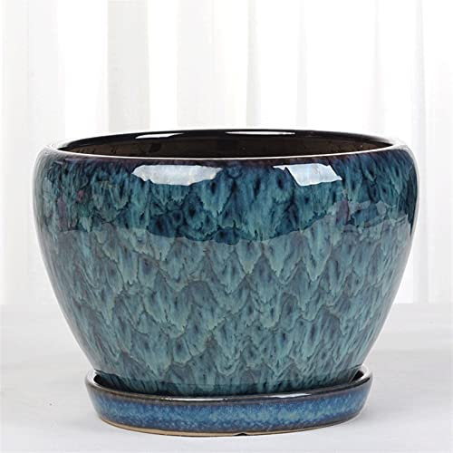 Europäischer Pfauenblauer Blumentopf, Keramik, extra groß, Wohnzimmer, Balkon, Persönlichkeit, grüner Blumentopf, Zuhause, Innenbalkon, grüner Blumentopf mit Tablett (Color : Blue A, Size : 13cm)