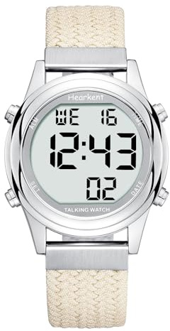 Hearkent Reloj digital parlante para mujer con acento americano de voz LCD números grandes reloj para personas con discapacidad visual, ancianos o ciegos, Beige, Moderno