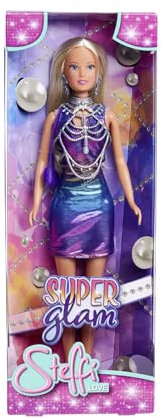 Simba Steffi Love Super Glam, Steffi im Glitzerkleid mit Körperschmuck, Haarclips, Ohrringen und Handtasche, 29cm Spielpuppe, ab 3 Jahren