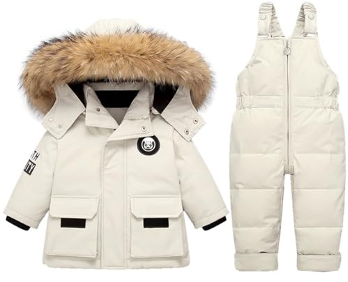 Acuryx Tuta da Neve 2 Pezzi da Bambini Ragazzi Capppotto in Piuma con Cappuccio Pellicia + Salopette da Neve Bambina Giacca Invernale Impermeabile Bianco 80