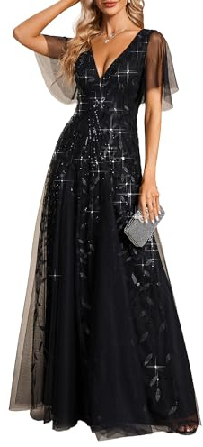 Ever-Pretty Damen A-Linie Abendkleider V-Ausschnitt Romantisches Kurze Ärmel Elegant Partykleid Lang 00736