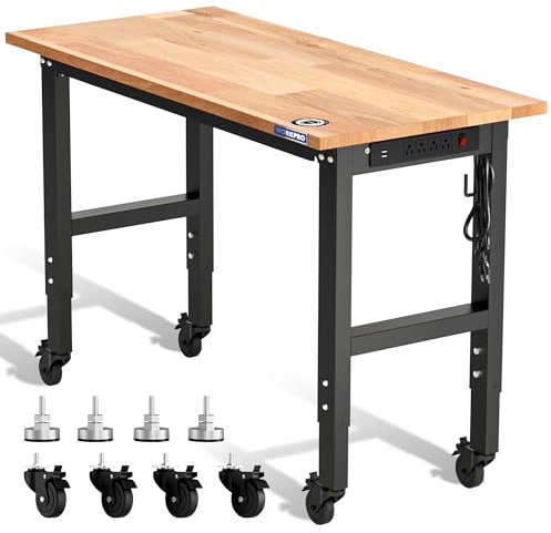 WORKPRO Garage Workbench, 48X22 Adjustable Workbench with Wheels and Leveling Foot, Rubber Wood Top Work Desk with Power Outlets, 1500 LBS Workbenches for Garage, Workshop