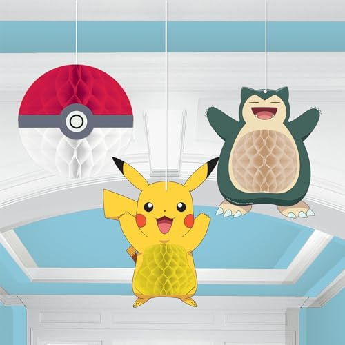 amscan- Pikachu Decoraciones colgantes de panal de abeja con licencia oficial de Pokémon para fiestas de cumpleaños infantiles, paquete de 3, Multicolor (9917119)
