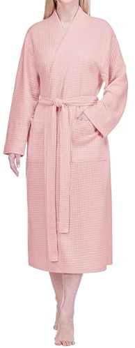 PAVILIA Pink Women Waffle Knit Kimono Robe, Soft Cozy Breathable Lightweight Bathrobe with Side Pockets, Shower Spa House Long Robe for Women, L/XL