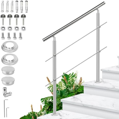 Fiqops Handlauf Edelstahl Treppengeländer Außen & Innen 80 cm mit 2 Querstreben Ø 42mm mit Zubehör, Winkelverstellbar für Treppen Garten Hauseingang Brüstung Balkon