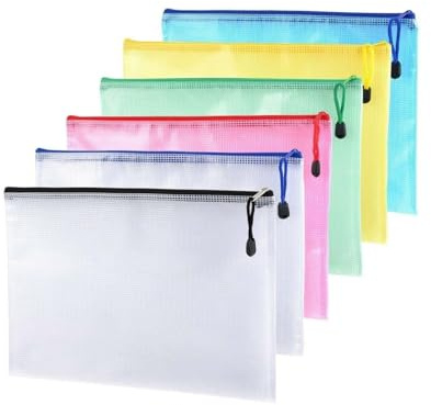 A5 Plastic Zip Wallet File Mesh Bags Storage Document Folder Waterproof Pouch for School Office Homework Travel Storage Bags Size (24cm x 17.5 cm) Qty 6