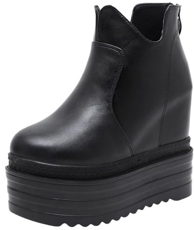 Wsbjbo Stivaletti Corti con Zeppa Nera da 14 Cm con Suola Spessa E Cinturini Interni per Una Maggiore Altezza del Tacco Alto,Nero,36 EU
